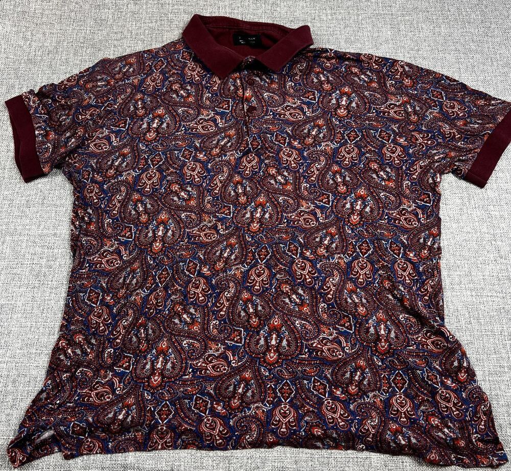 Zara Man Mens XL Paisley Polo Shirt Burgundy Blue Short Sleeve Portugal